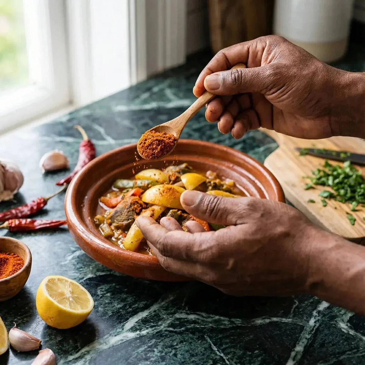Rotes Raz el Hanout SAMIA über einem Tajine gestreut. Hände über einem zubereiteten Gericht.