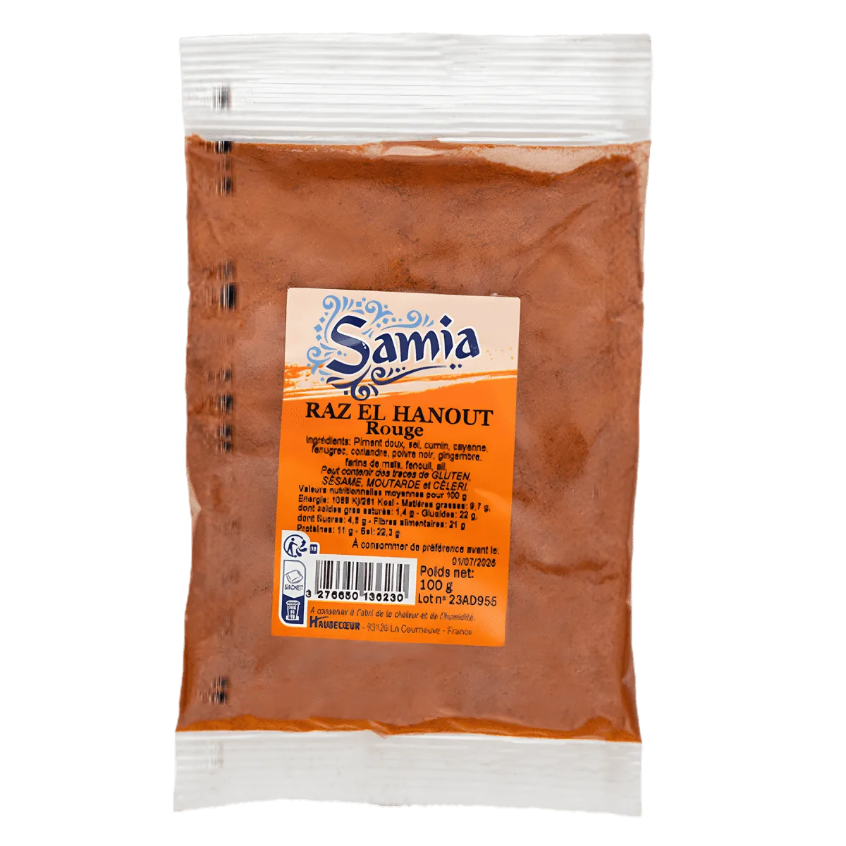 Sachet de Raz el hanout rouge SAMIA 100g, mélange d'épices aromatique pour plats mijotés, viandes et légumes - ÉPICERIE SALÉE - NKOSI.
