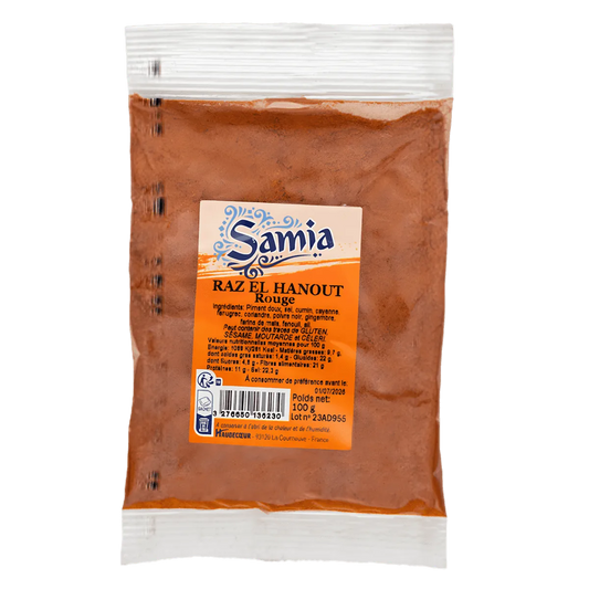 Sachet de Raz el hanout rouge SAMIA 100g, mélange d'épices aromatique pour plats mijotés, viandes et légumes - ÉPICERIE SALÉE - NKOSI.