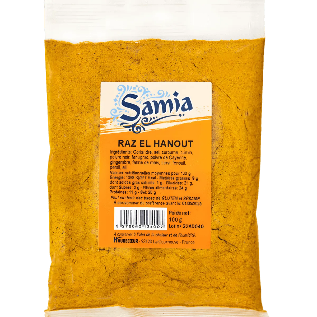Raz el Hanout SAMIA en sachet de 100g, mélange d'épices aromatique pour cuisine orientale. Épicerie salée disponible chez NKOSI.