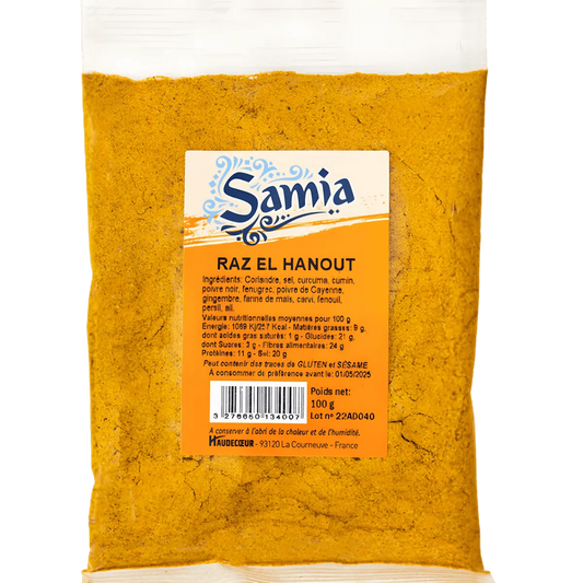 Raz el Hanout SAMIA en sachet de 100g, mélange d'épices aromatique pour cuisine orientale. Épicerie salée disponible chez NKOSI.