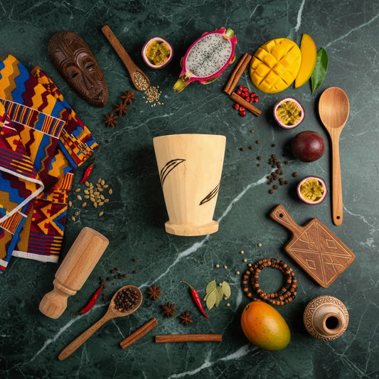 Mortier et pilon africain artisanal entouré d'épices, fruits exotiques et objets traditionnels, accessoire de cuisine ethnique.
