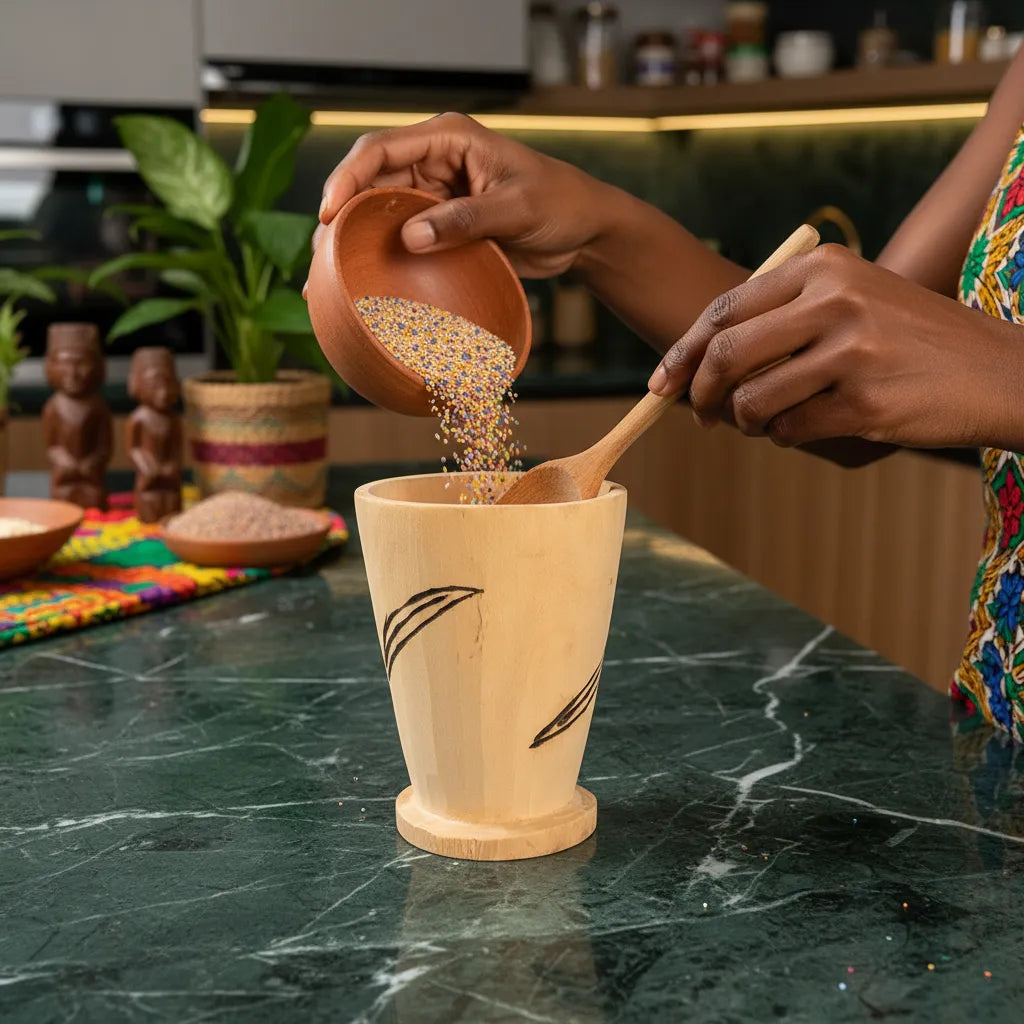 Utilisation du mortier et pilon africain artisanal pour verser des épices colorées, outil pratique pour la préparation culinaire.