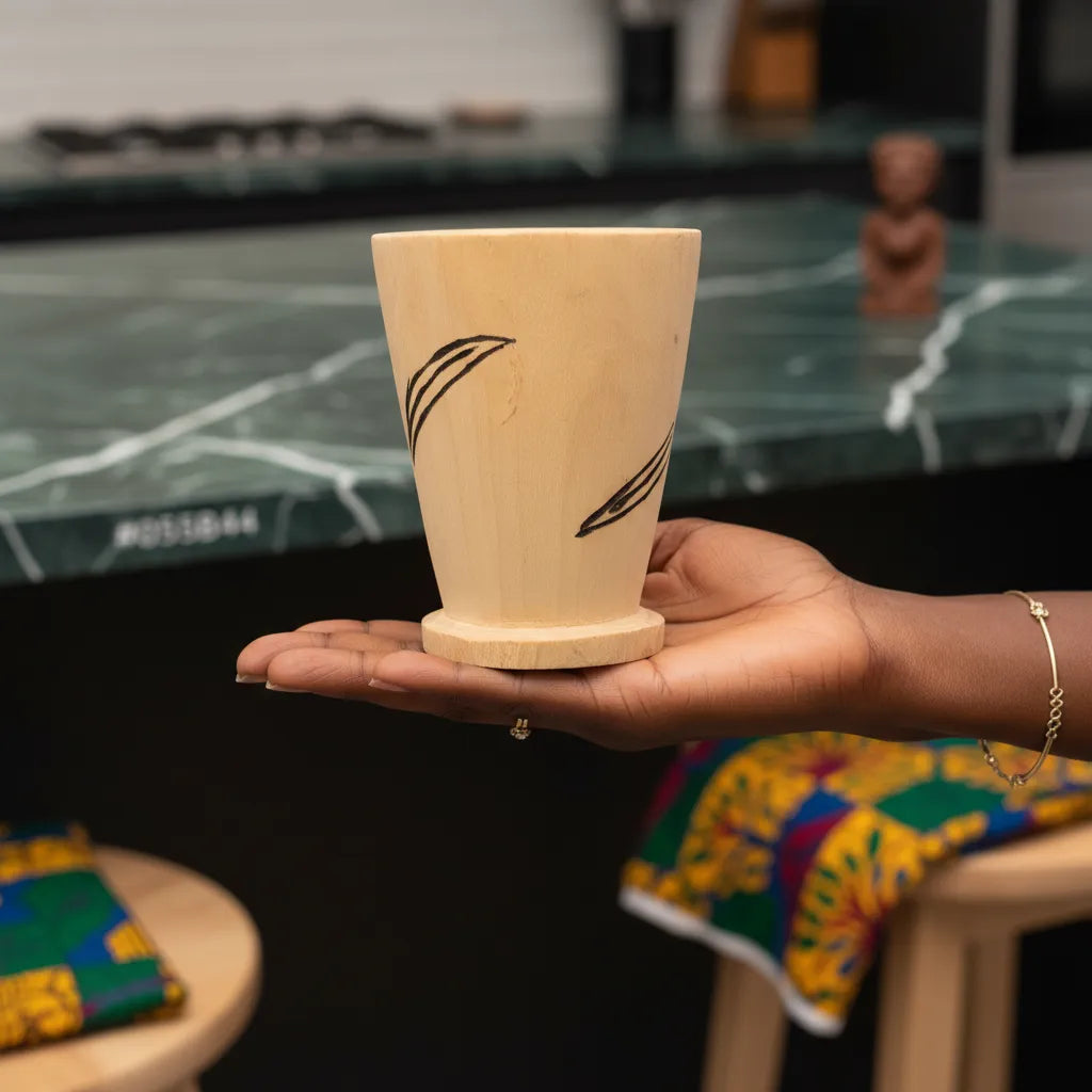 Petit mortier et pilon africain artisanal tenu dans une main, parfait pour moudre épices et herbes en cuisine moderne.