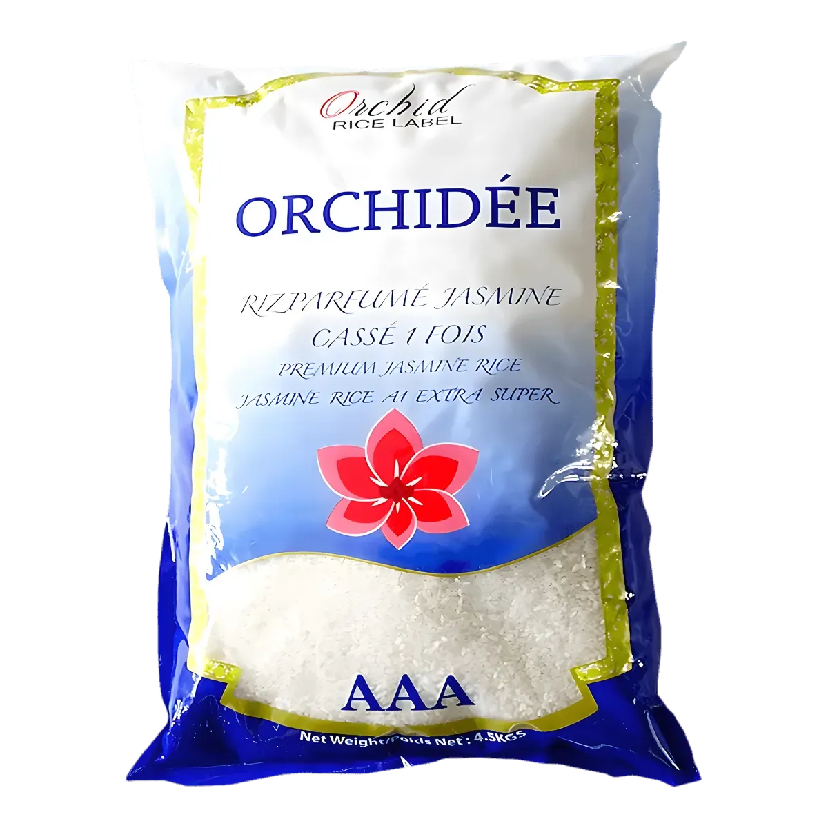Sac de riz au jasmin cassé 1 fois ORCHIDÉE AAA, emballage bleu et blanc avec logo fleur rouge. Riz parfumé authentique pour cuisine asiatique.