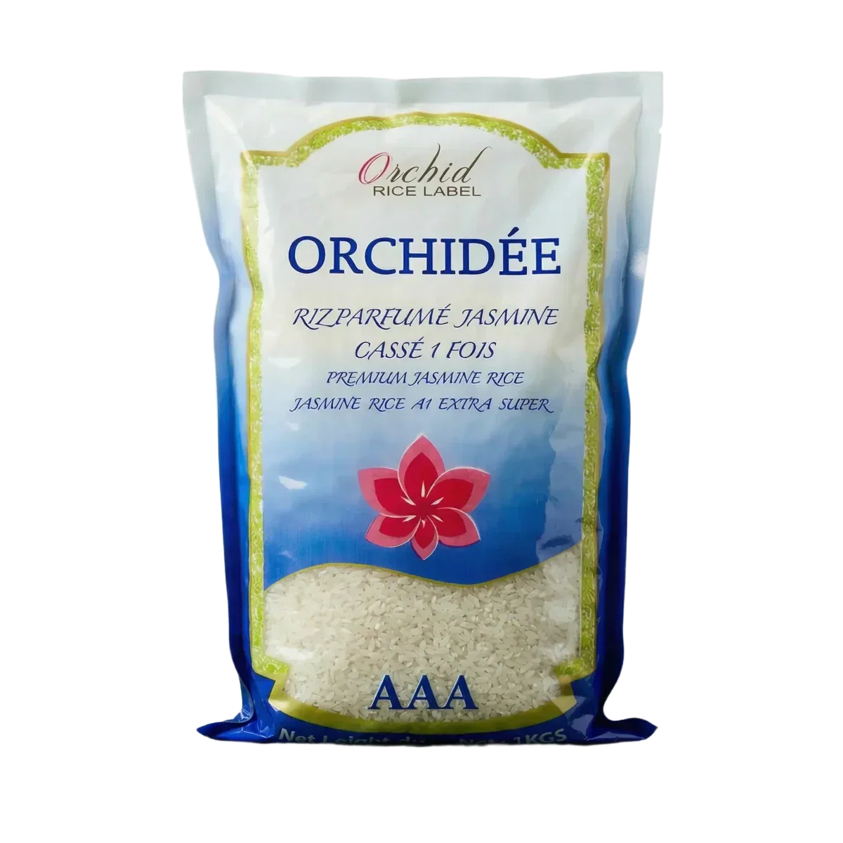 Zak met één keer gebroken rijst ORCHIDEE. De verpakking toont een bloem.