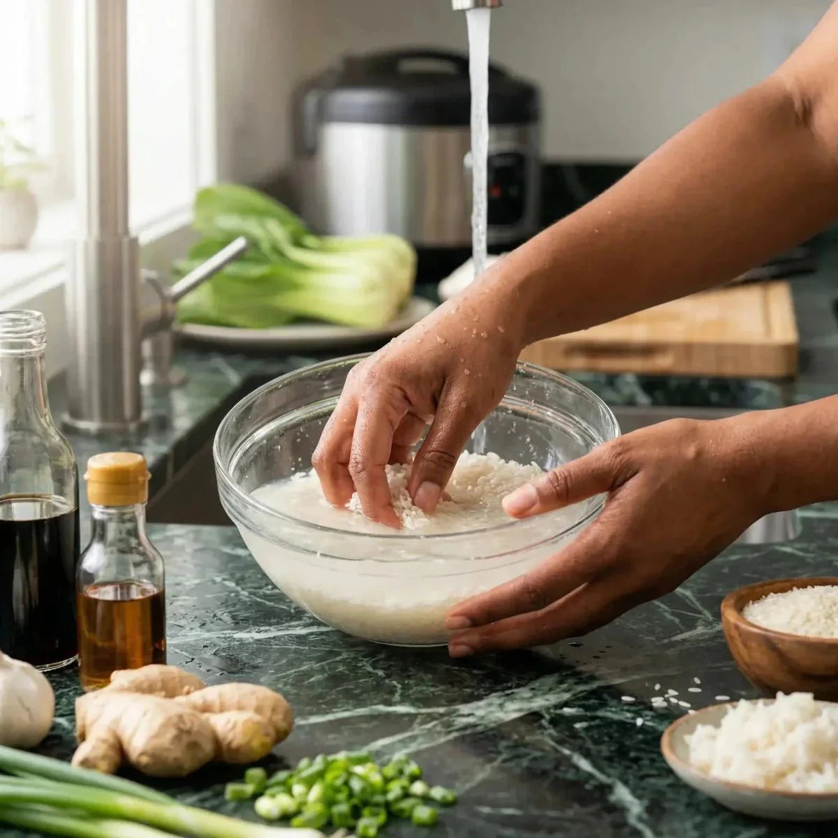 Broken rice once ORCHIDEE, hands washing the rice in a bowl.