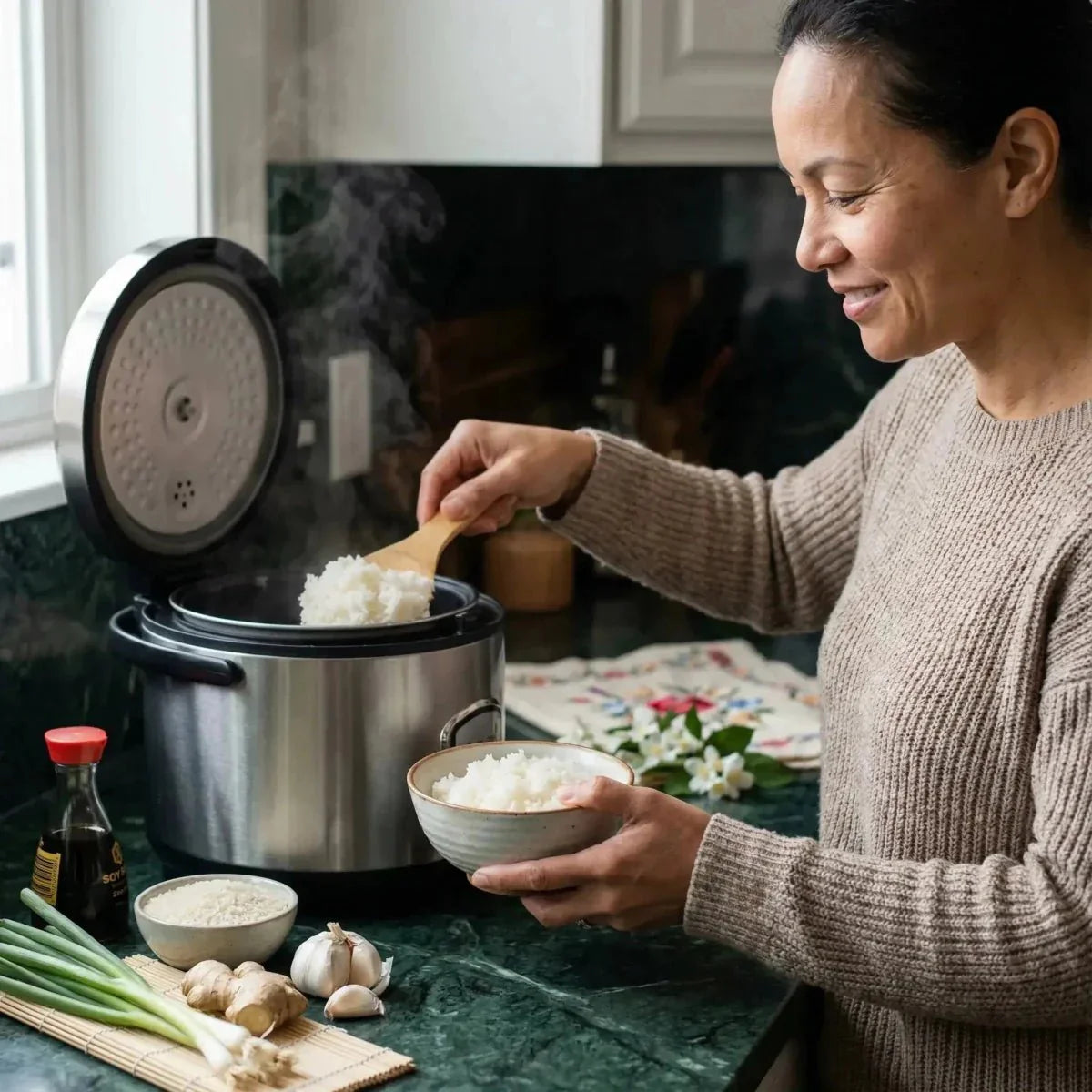 A woman is preparing ORCHIDEE broken rice once with a rice cooker in the kitchen.
