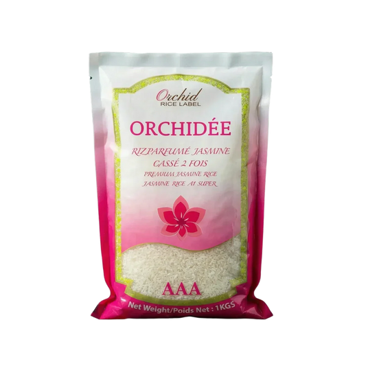 Sac de riz ORCHIDEE, variété "cassé 2 fois" (1kg), avec la fleur de la marque. Emballage rose.