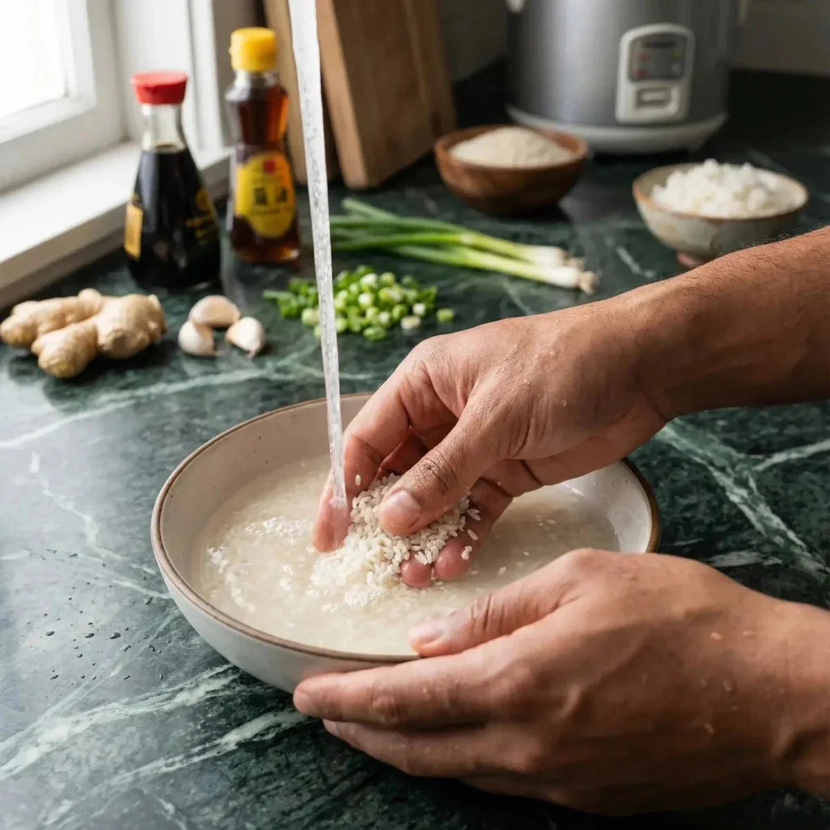 Broken Rice Twice ORCHIDEE: hands washing rice in a bowl. In the background, ingredients.