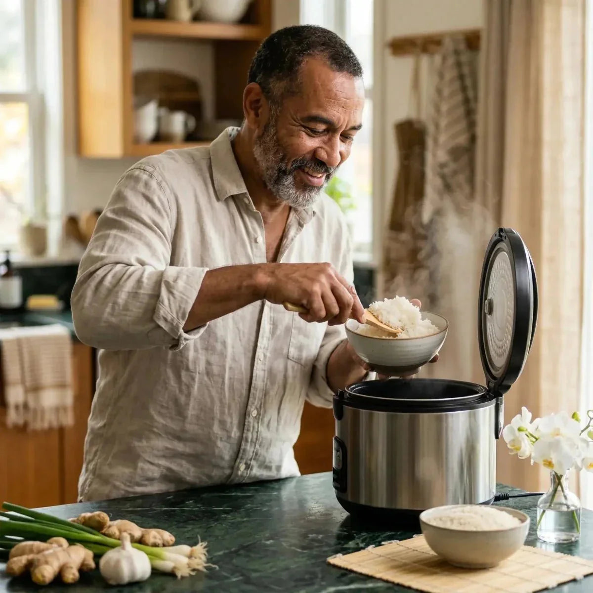 Broken Rice Twice ORCHIDEE: man preparing rice in a kitchen, using a pressure cooker.