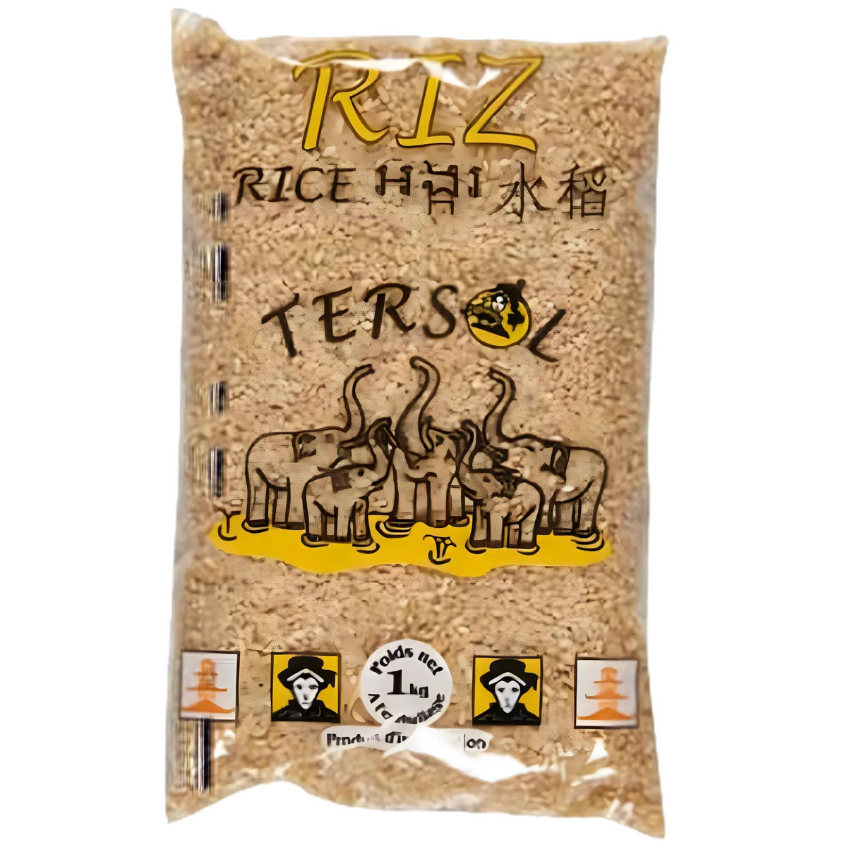Riz Complet TERSOL - Fibres et Nutriments en sachet 1kg, épicerie salée avec illustration d’éléphants, idéal pour une alimentation saine.