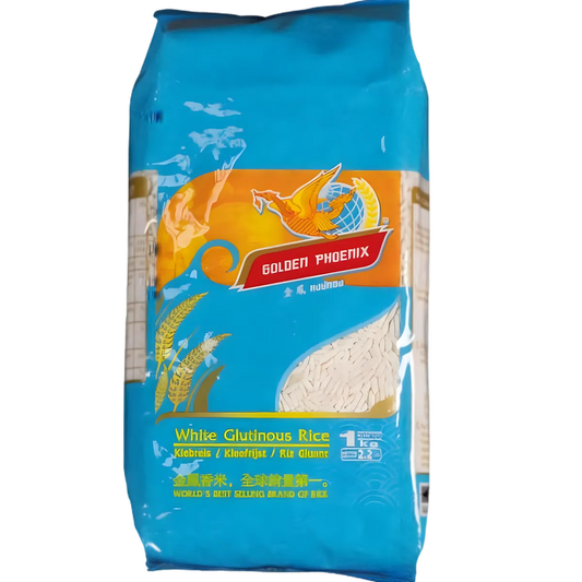 Riz gluant PHOENIX - Texture moelleuse dans un emballage bleu hermétique, parfait pour les plats asiatiques savoureux en épicerie salée.