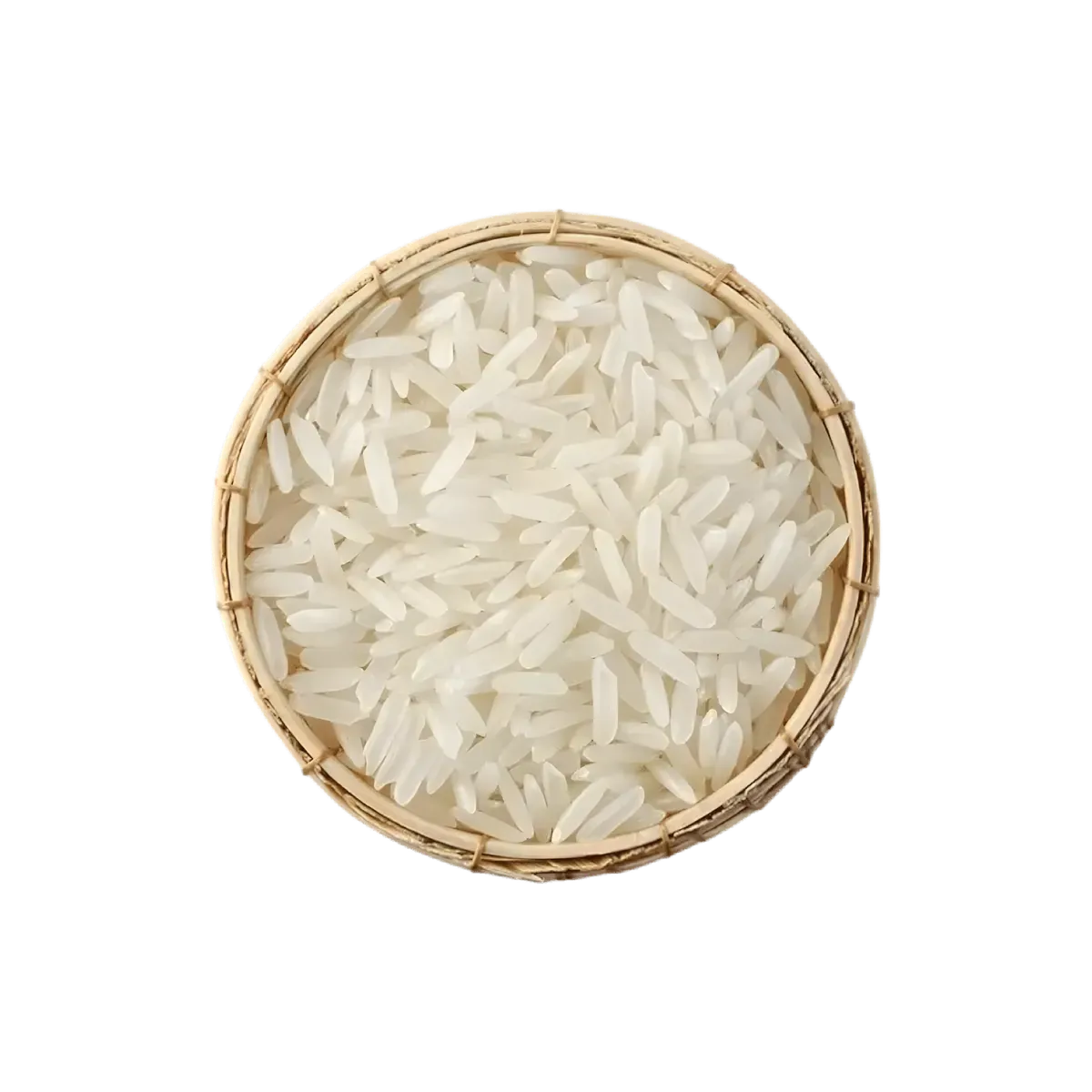Gros plan sur des grains de riz long parfumé PERLE D'ASIE dans un panier en osier, idéal pour plats asiatiques et salades.
