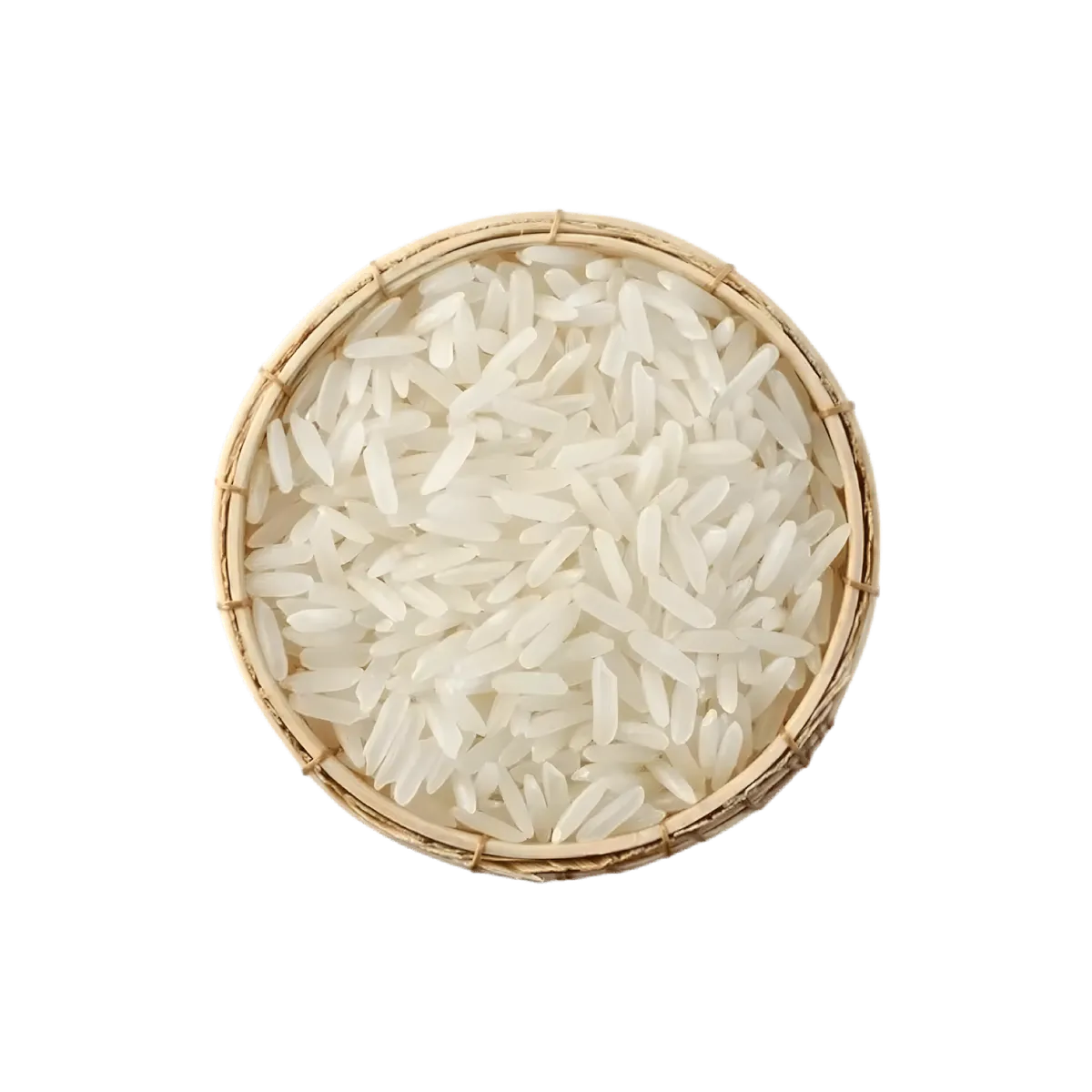 Grains de riz long parfumé PERLE D'ASIE dans un panier en osier, idéal pour accompagner des plats savoureux ou préparer des salades.