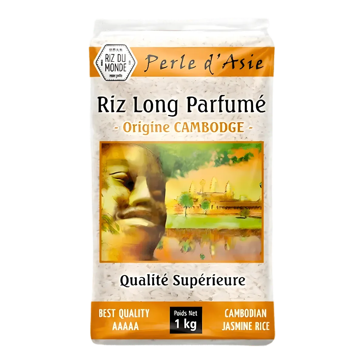 Riz PERLE D'ASIE long grain parfumé origine Cambodge, emballage 1 kg avec illustration asiatique, qualité supérieure pour plats savoureux.