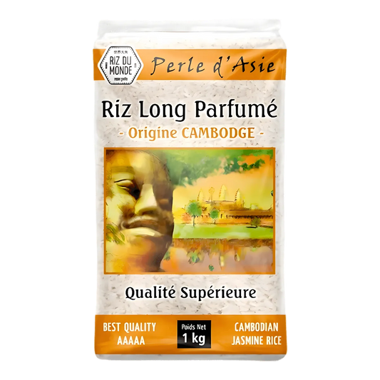 Riz PERLE D'ASIE - Riz parfumé long grain du Cambodge en sachet 1 kg, qualité supérieure pour plats savoureux et salades exotiques.