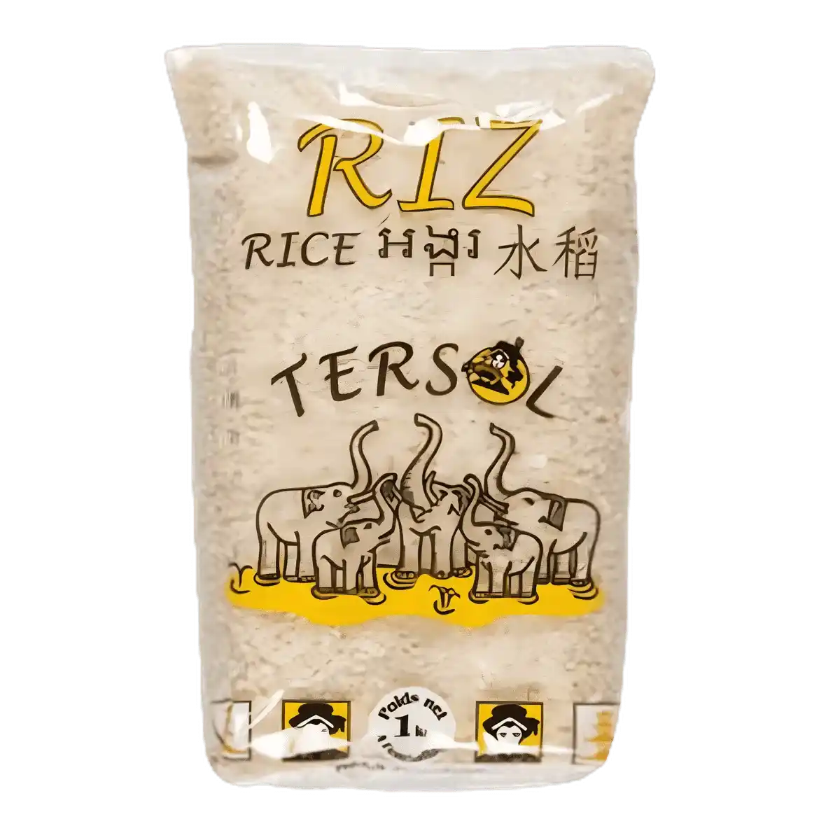 Paquet de Riz Rond Tendre TERSOL 1kg avec éléphants illustrés, riz moelleux idéal pour plats variés. Épicerie salée de qualité supérieure.