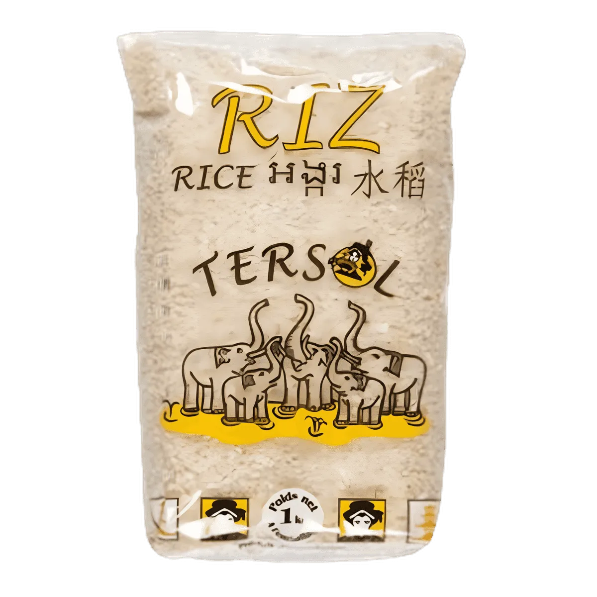 Paquet de 1 kg de Riz Rond Tendre TERSOL avec illustration d’éléphants, idéal pour l’épicerie salée sur NKOSI. Emballage transparent montrant les grains.
