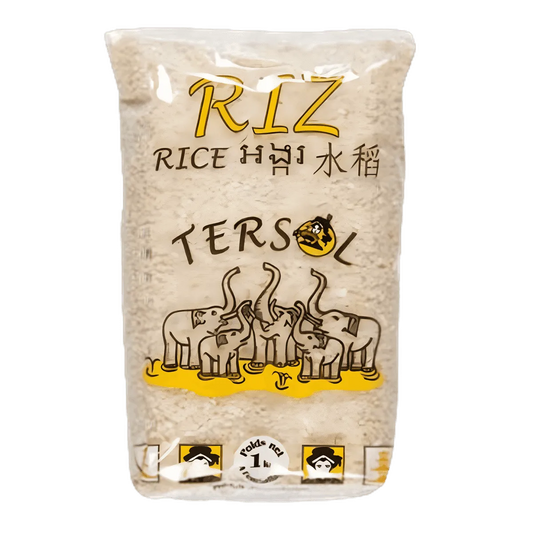 Paquet de 1 kg de Riz Rond Tendre TERSOL avec illustration d’éléphants, idéal pour l’épicerie salée sur NKOSI. Emballage transparent montrant les grains.