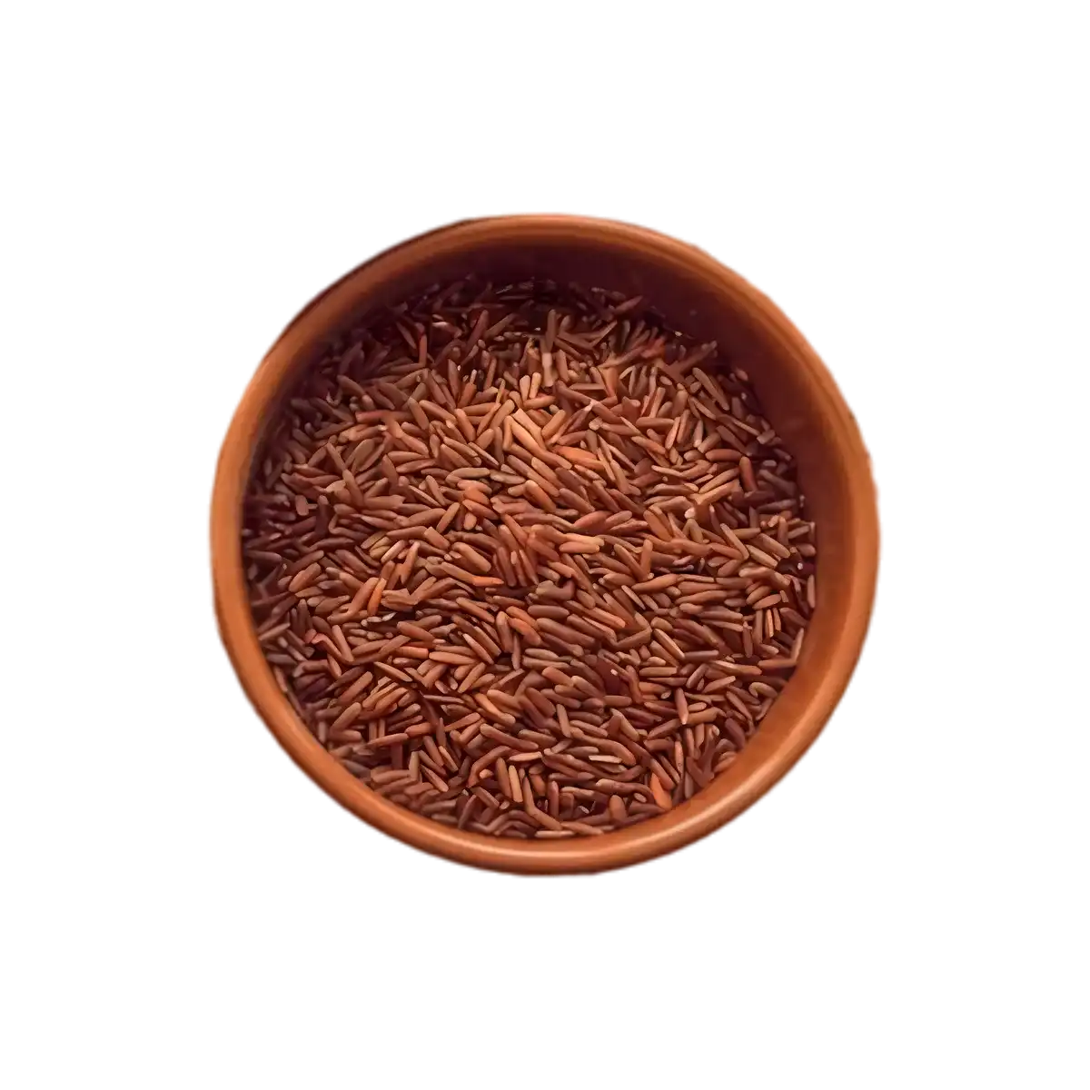 Bol en terre cuite rempli de riz rouge TERSOL, grains naturels riches en fibres, parfaits pour une alimentation saine et savoureuse.