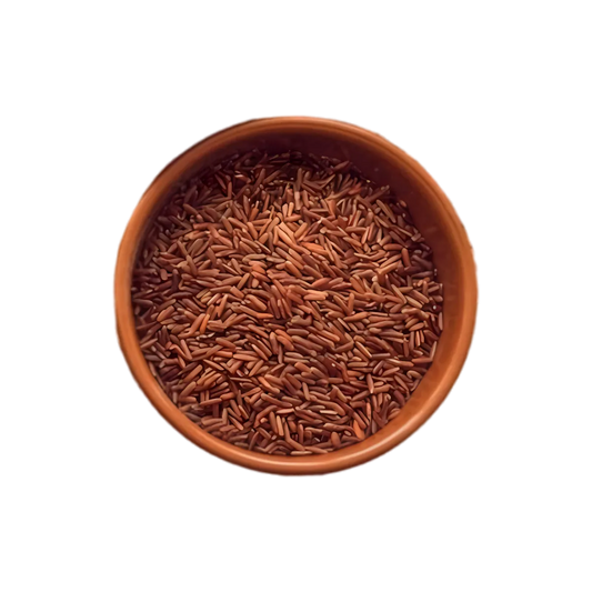 Bol en terre cuite rempli de riz rouge TERSOL Bio, grains entiers à texture ferme, parfaits pour plats sains et savoureux.