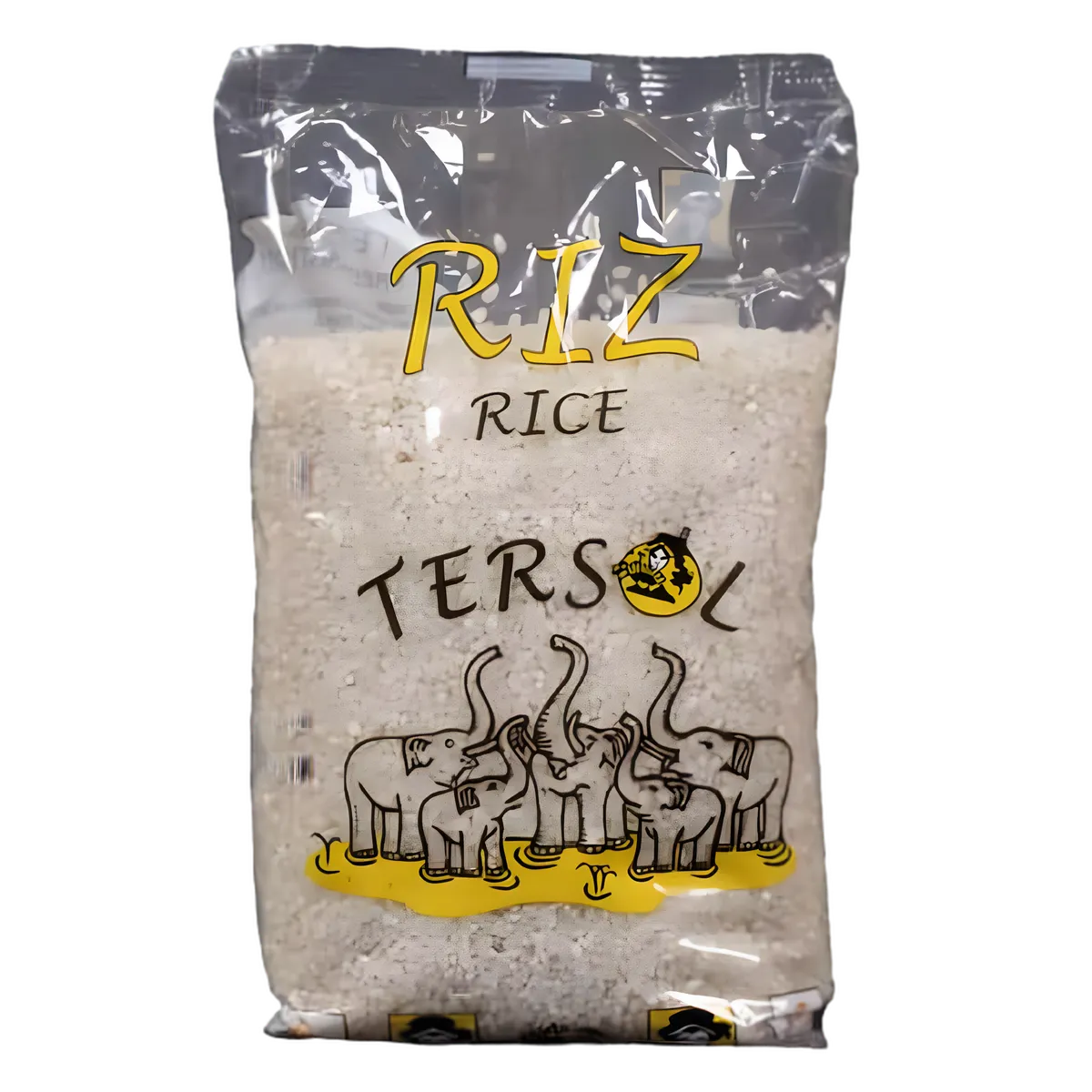 Riz Sushi TERSOL en sachet transparent avec éléphants dessinés, riz qualité pour sushi à texture collante idéale. Épicerie salée premium.