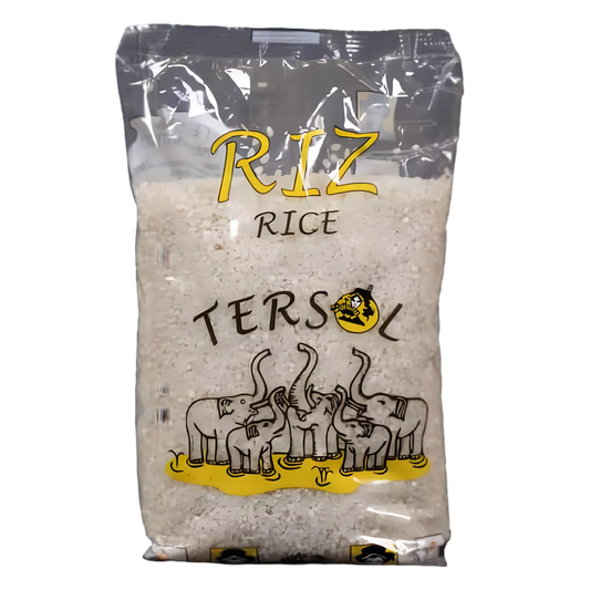 Riz Sushi TERSOL en sachet transparent avec éléphants dessinés, riz qualité pour sushi à texture collante idéale. Épicerie salée premium.