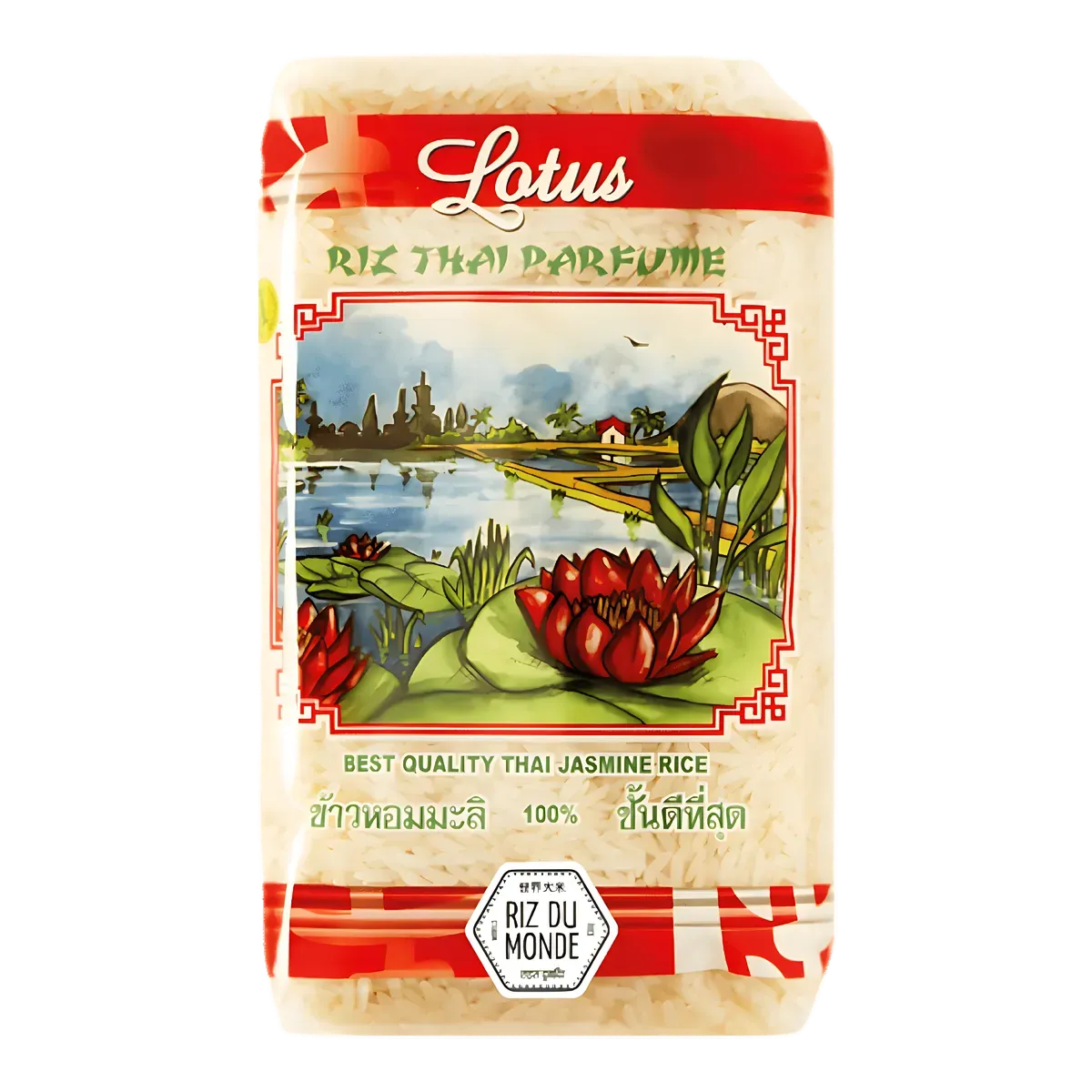 Riz Thai Parfumé LOTUS - Riz Thaï Parfumé | Arôme Délicat, Long Grain dans un emballage illustré avec paysage asiatique et fleur de lotus.