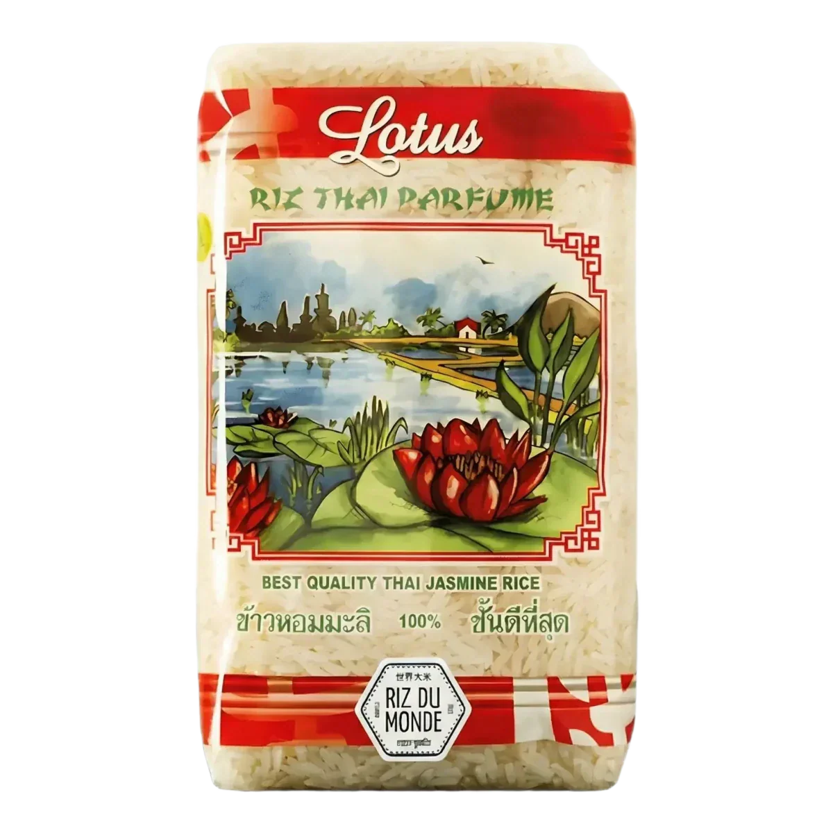 Paquet de riz thaï parfumé Lotus 1kg. Illustration: paysage aquatique avec lotus.