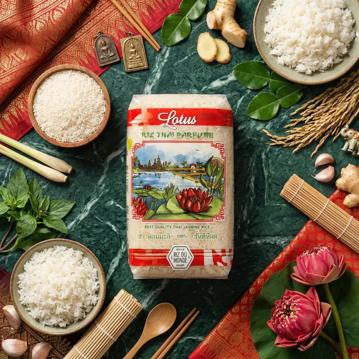LOTUS, fragrant Thai rice. Presentation of raw and cooked rice, surrounded by Asian decorative elements.