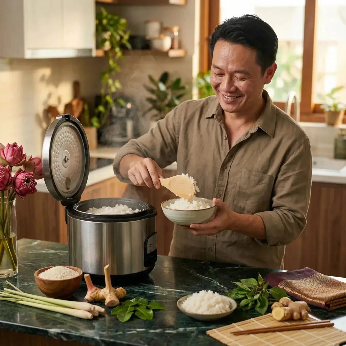 Fragrant Thai rice sold in bulk, with a smiling man serving it into a bowl.
