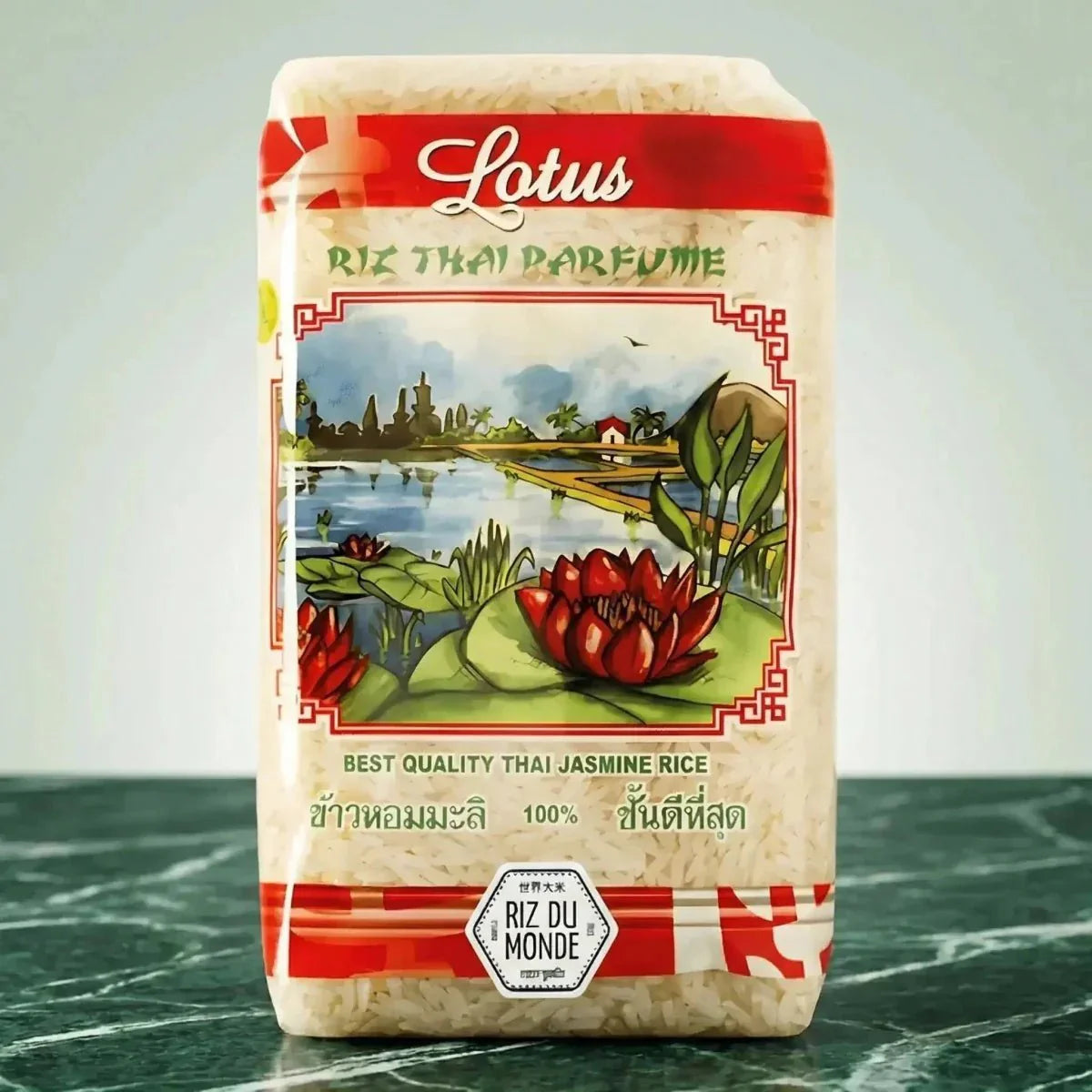 Lotus fragrant Thai rice, with an illustration of a Thai landscape decorated with red lotuses.
