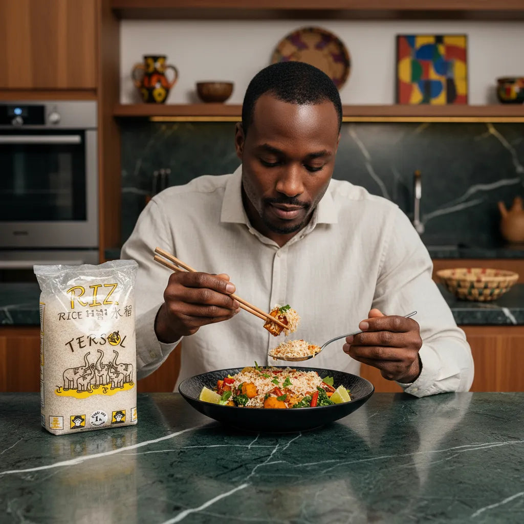 Homme dégustant un plat cuisiné avec le Riz Rond Tendre TERSOL, texture moelleuse parfaite pour repas variés. Riz rond de qualité.