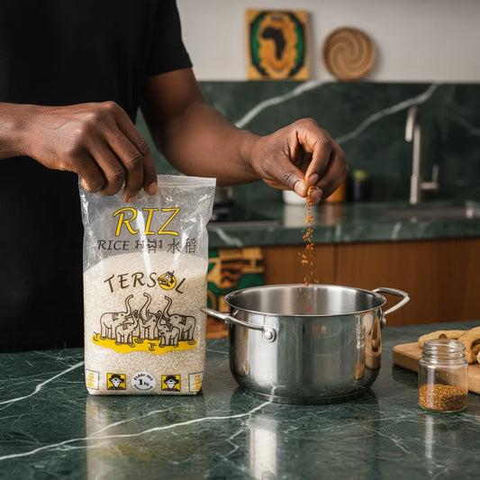 Main versant des épices dans une casserole avec Riz Rond Tendre TERSOL, parfait pour plats savoureux. Riz rond moelleux en cuisine.