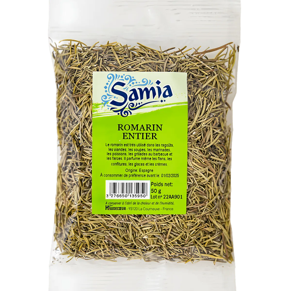 Romarin entier SAMIA en sachet de 50g, herbe aromatique séchée idéale pour assaisonner viandes et légumes - ÉPICERIE SALÉE - NKOSI.