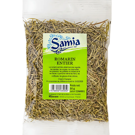 Romarin entier SAMIA en sachet de 50g, herbe aromatique séchée idéale pour assaisonner viandes et légumes - ÉPICERIE SALÉE - NKOSI.