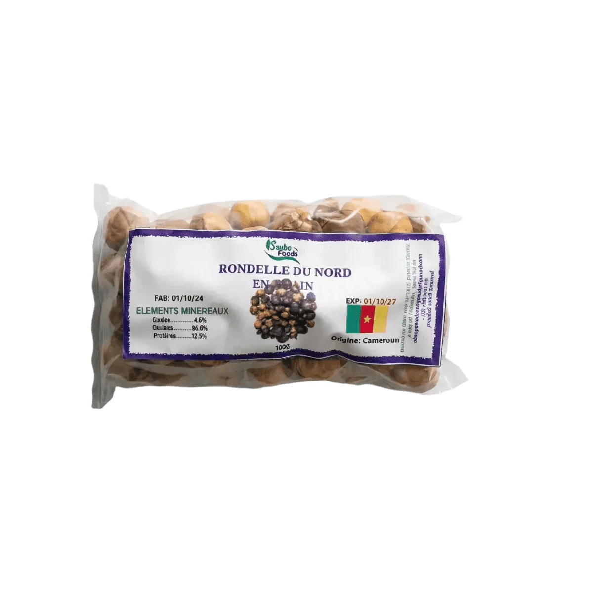 Paquet de Rondelle du Nord de Saubo Foods : des noix rondes dans un emballage plastique.