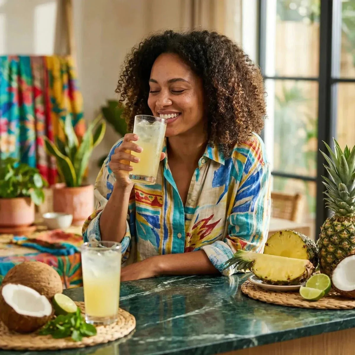 Una mujer disfruta de un ROYAL SODA sabor piña. Coconuts.