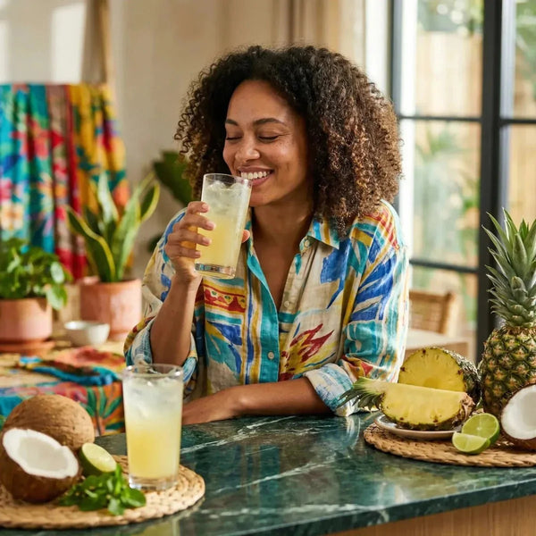 Une femme savoure un ROYAL SODA goût ananas. Coconuts.