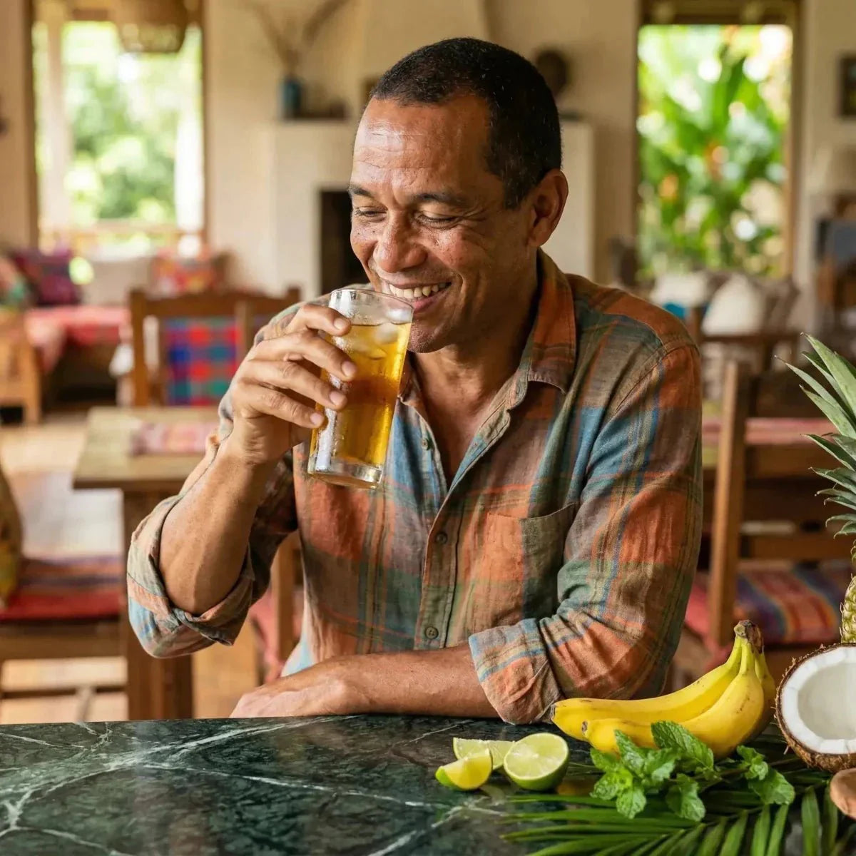 Un hombre sonriente bebe un ROYAL SODA sabor plátano cerca de una piña y plátanos.