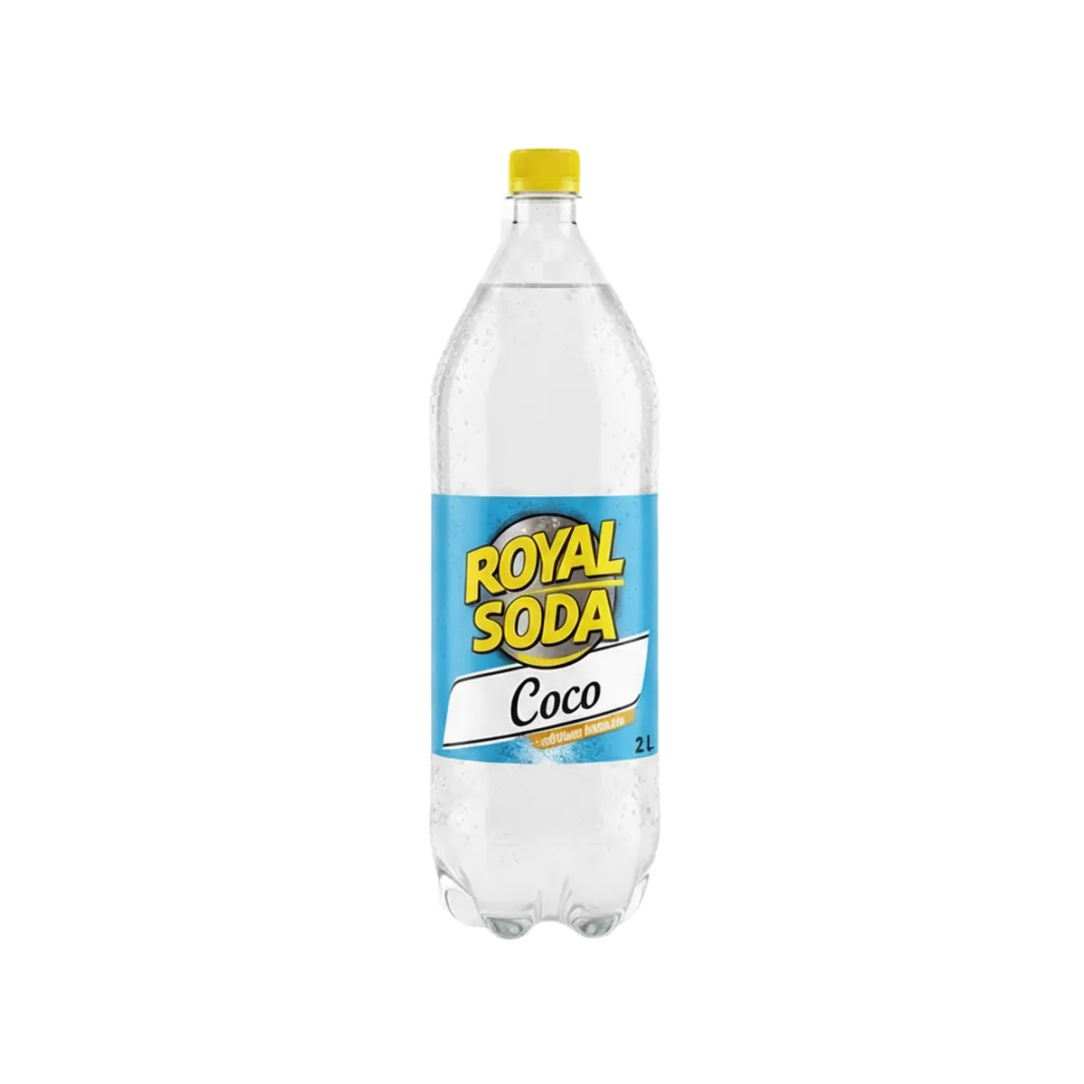 Bouteille de soda coco ROYAL SODA 2L avec étiquette bleue et jaune, boisson pétillante à la noix de coco, catégorie soda exotique.