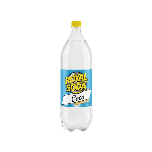 Bouteille de soda coco ROYAL SODA 2L avec étiquette bleue et jaune, boisson pétillante à la noix de coco, catégorie soda exotique.