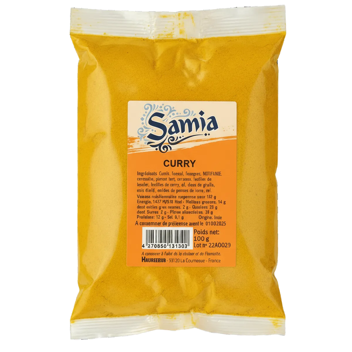 Curry SAMIA - Épices en Poudre | Saveur Aromatique, sachet de 100g d'épices en poudre pour cuisine savoureuse, catégorie Épicerie Salée.