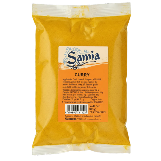 Curry SAMIA - Épices en Poudre | Saveur Aromatique, sachet de 100g d'épices en poudre pour cuisine savoureuse, catégorie Épicerie Salée.