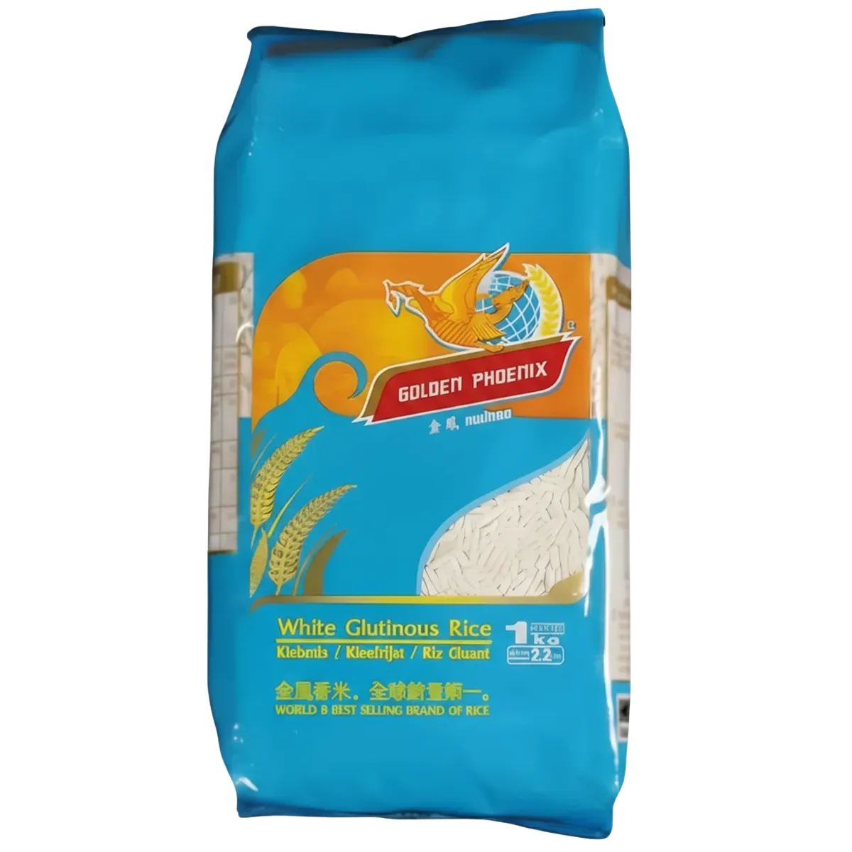 Riz gluant PHOENIX en sachet de 1 kg avec emballage bleu hermétique, idéal pour une texture moelleuse et un goût savoureux en cuisine asiatique.