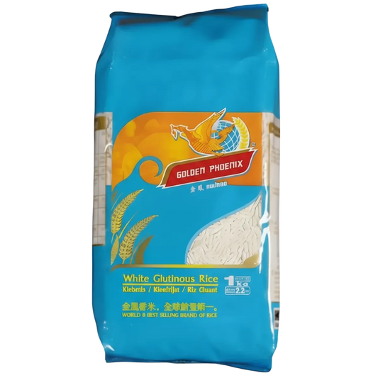 Riz gluant PHOENIX en sachet de 1 kg avec emballage bleu hermétique, idéal pour une texture moelleuse et un goût savoureux en cuisine asiatique.