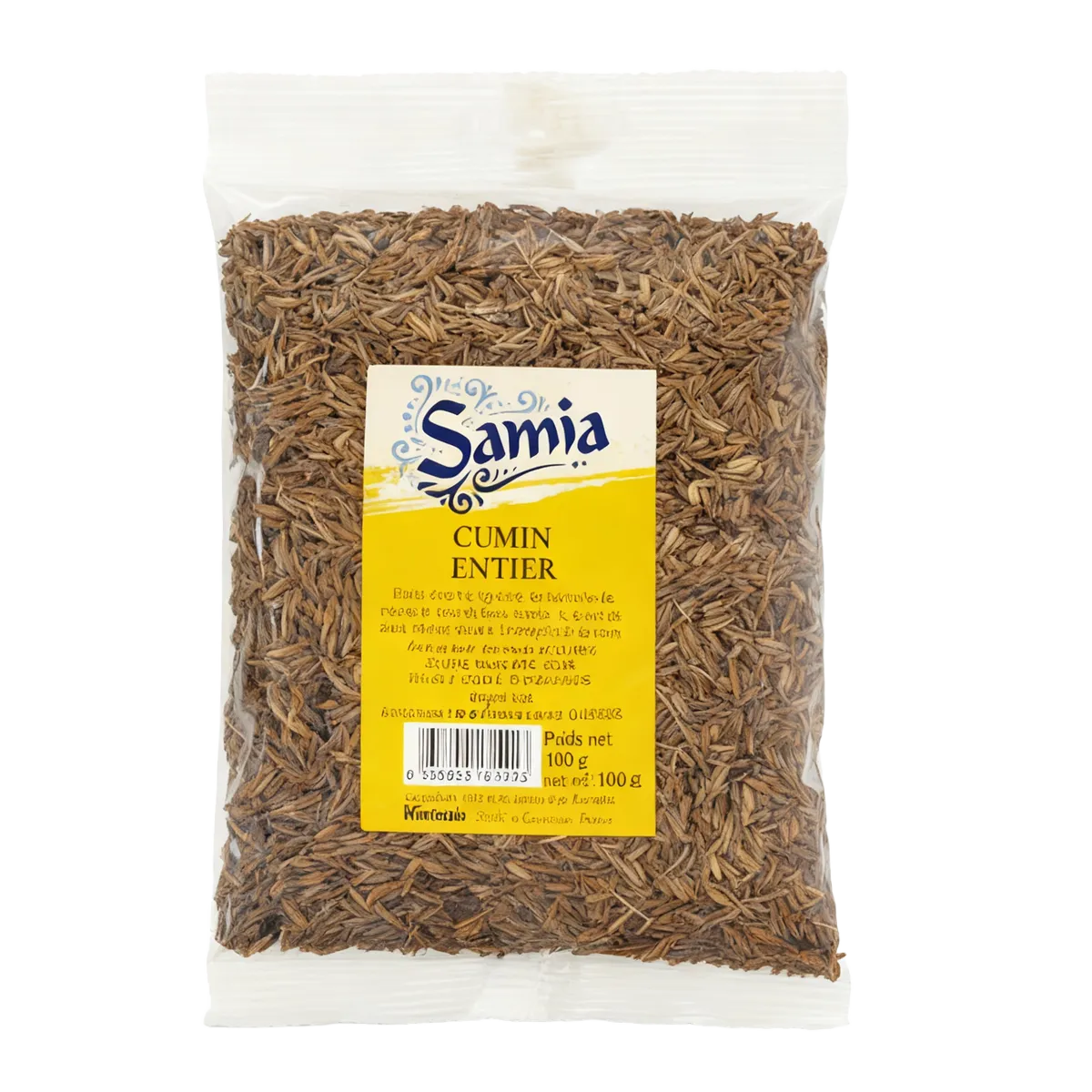 Cumin Entier Samia - Épice Aromatique en sachet de 100g, parfait pour assaisonner vos plats avec une saveur chaude et citronnée.