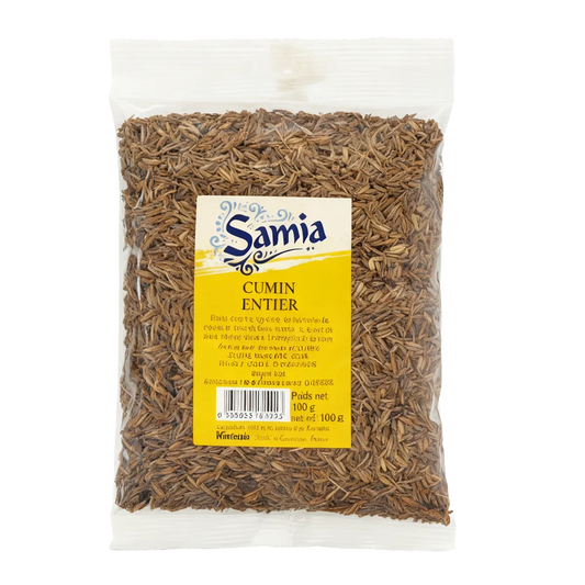 Cumin Entier Samia - Épice Aromatique en sachet de 100g, parfait pour assaisonner vos plats avec une saveur chaude et citronnée.