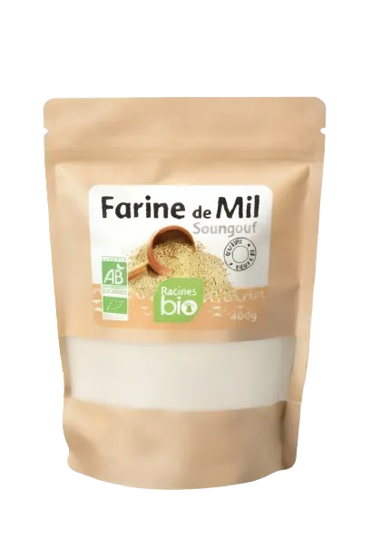 Farine de Mil RACINES BIO en sachet refermable de 400g, idéale pour recettes sucrées et salées, certifiée bio et issue de l'agriculture durable.